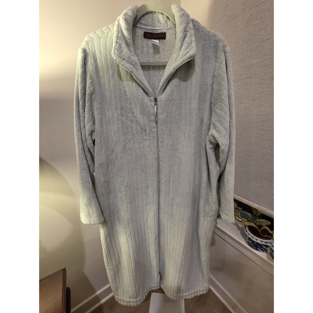 Stan Herman Womens Plush Robe Green Size XL Full Zip Cozy Cottage
